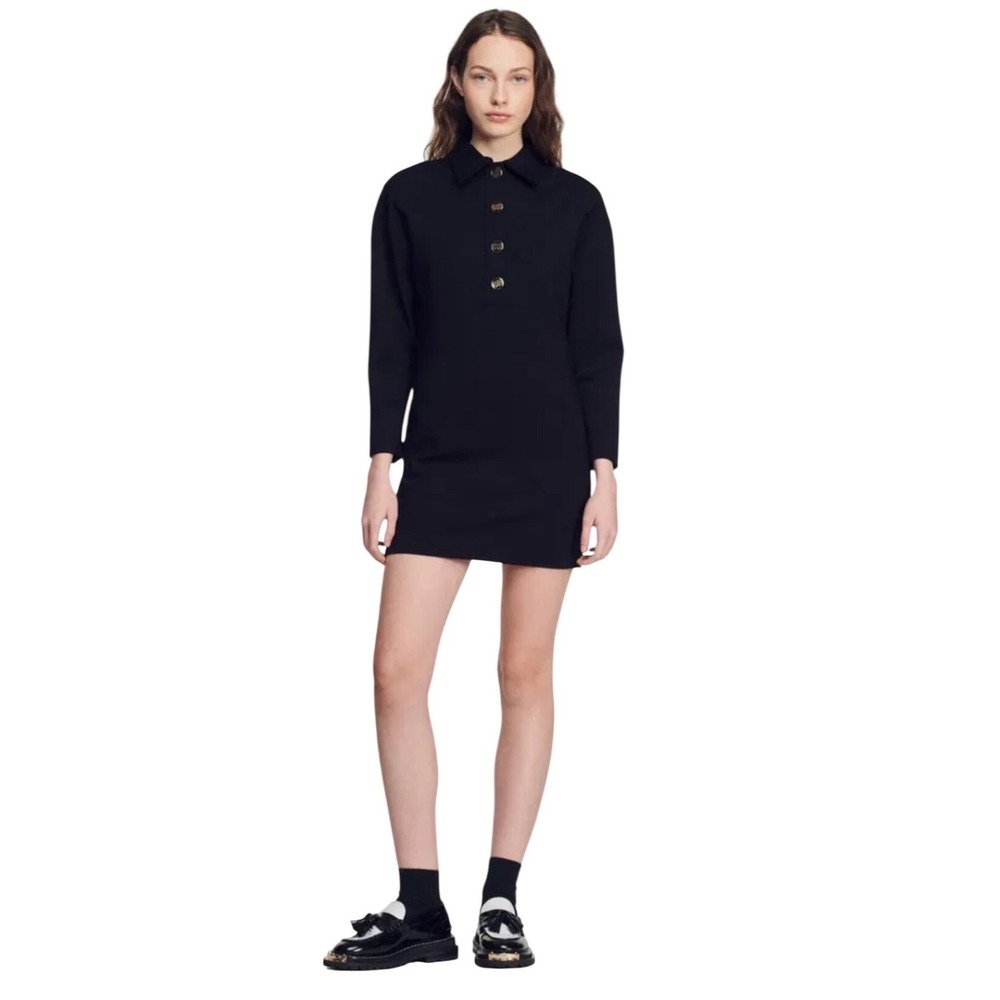 SANDRO Black Long Sleeve Collared Button Up Mini Dress Style SFPRO02529 size M